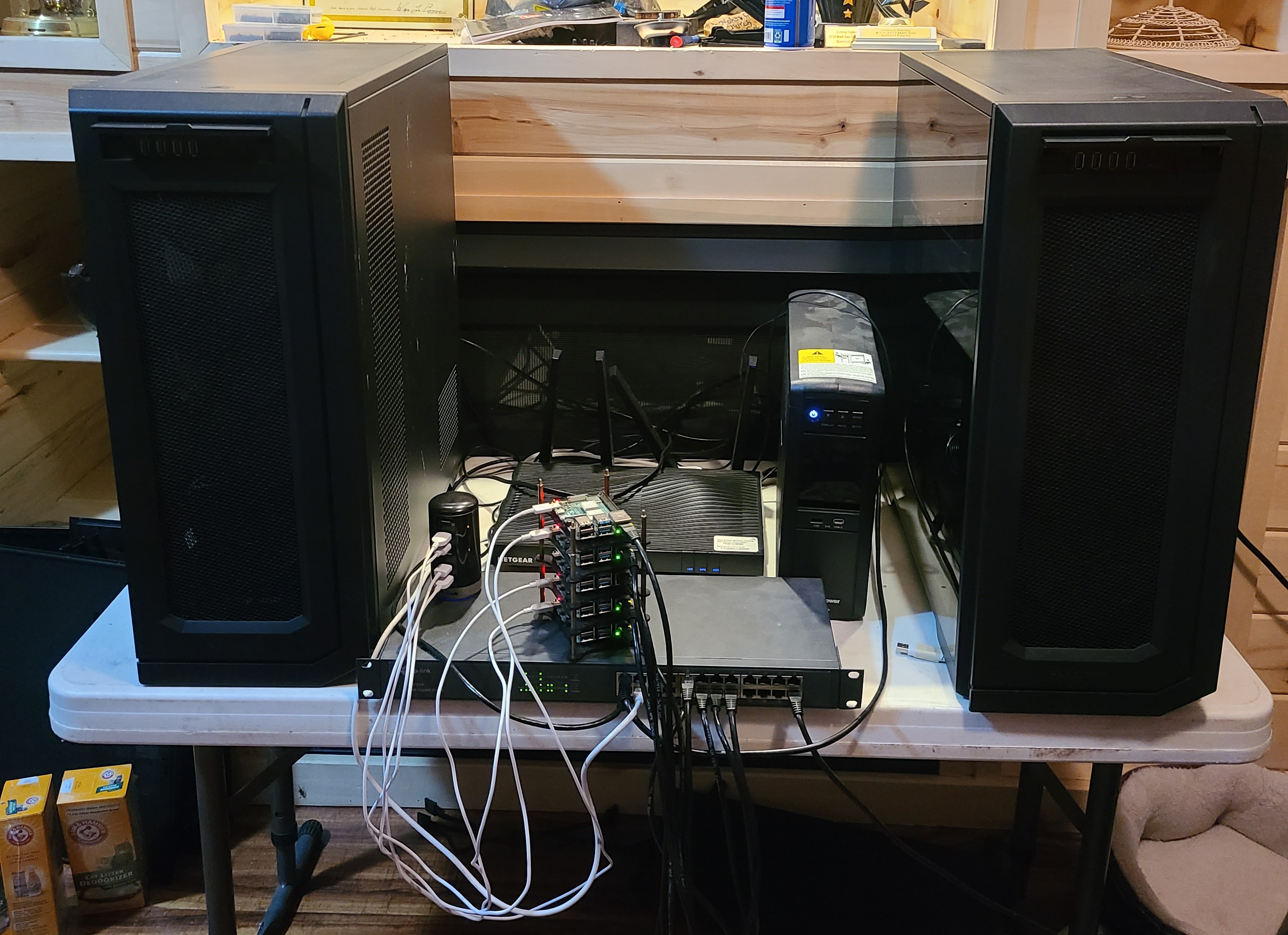 Desktop computers, along with other hardware, running as servers.